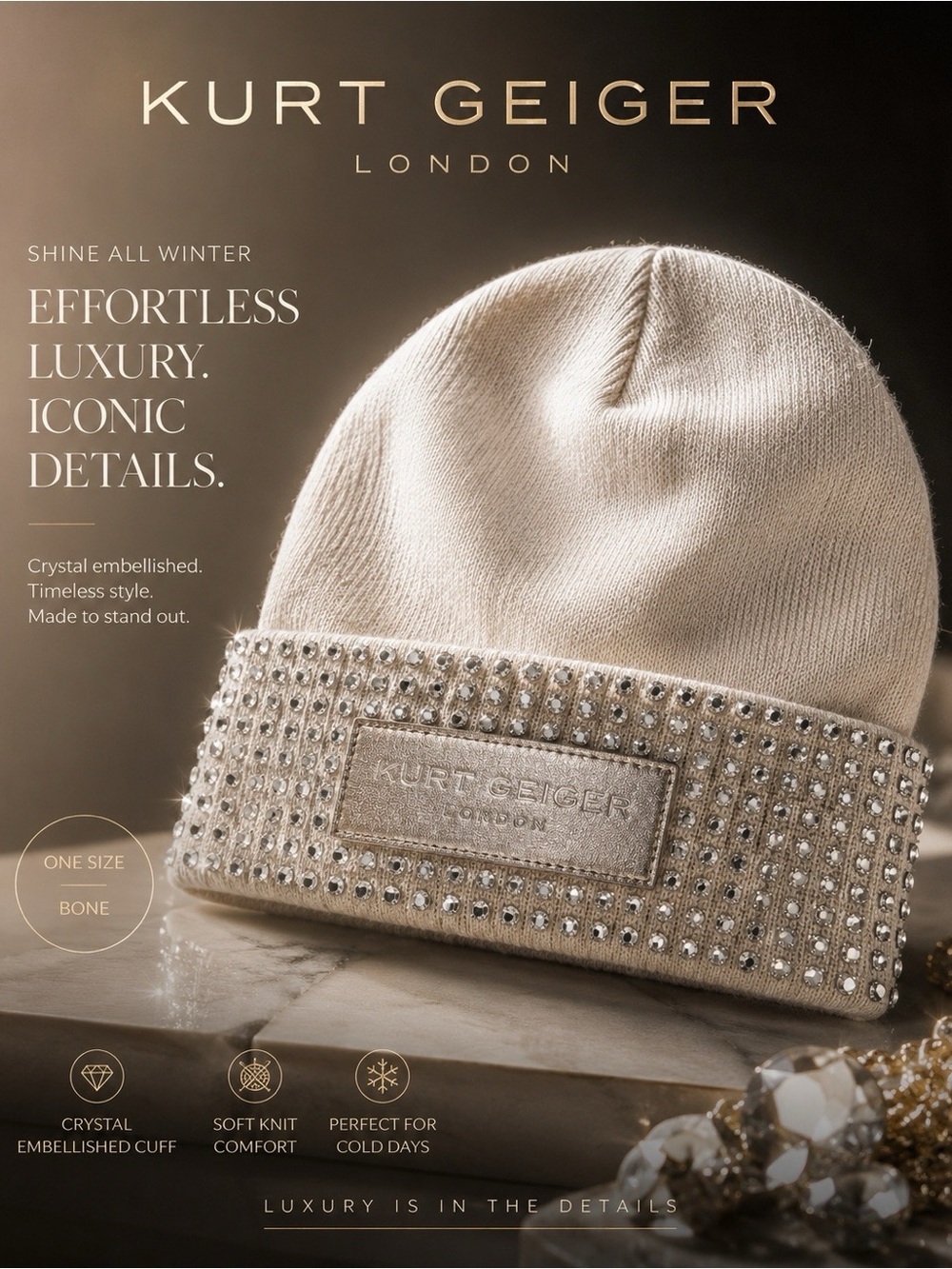 Kurt Geiger Bone Crystal Embellished Beanie
